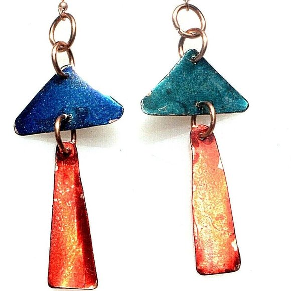 Modernist Geometric Blue Red Dangle Solid Pure Copper Earrings Bohemian Drop - Picture 3 of 5